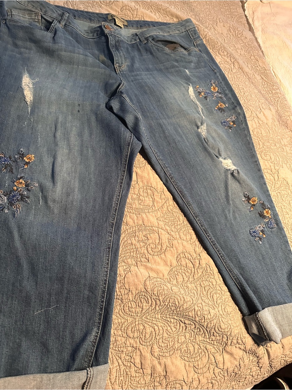 Blue Embroidered Women's Capris Casual Distressed Style